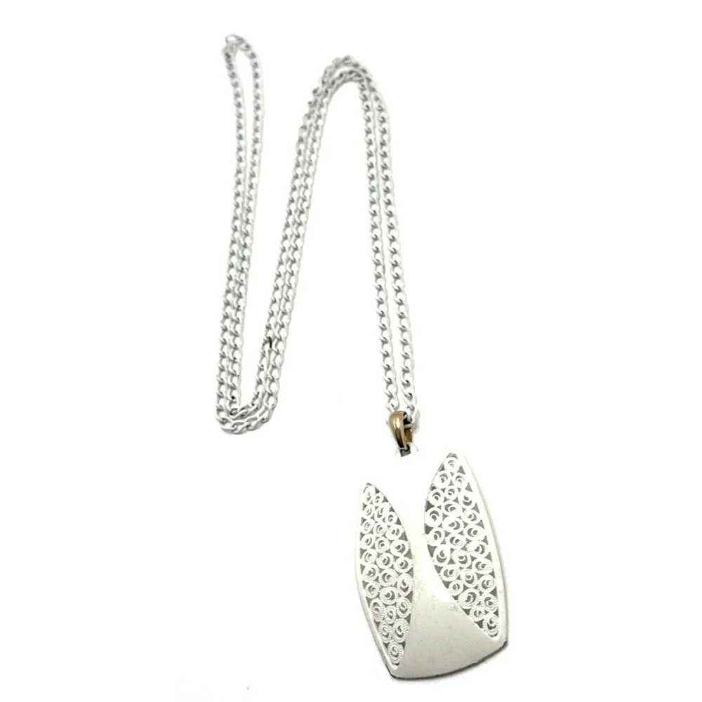 Vintage MCM White Enameled Metal Pendant Necklace Filigree Statement 31